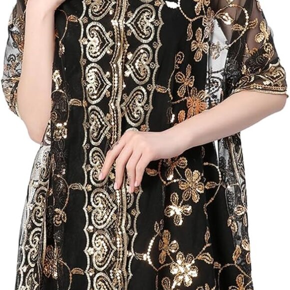 Shawls and Wraps for Evening Dresses,Women Formal 1920s Sequin Flower Sheer Shaw - Picture 3 of 8